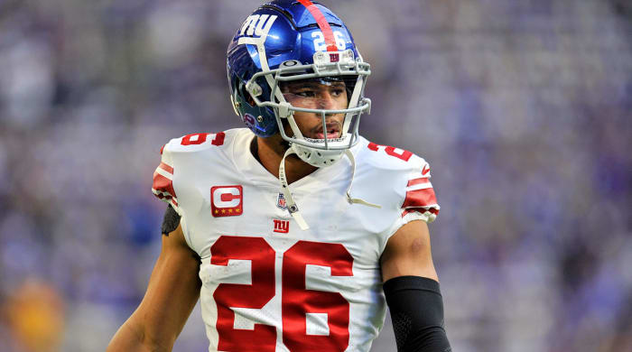 A photo of Saquon Barkley zoomed in on his upper body